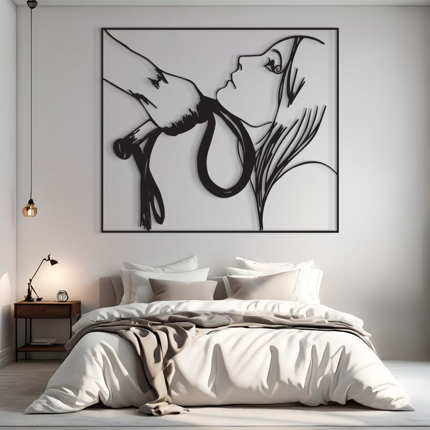 A large black and white minimalist wall art piece depicting a hand holding a rope, displayed above a neatly made bed in a modern, neutral-toned bedroom.